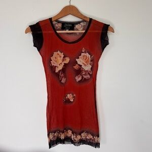 Jean Paul Gaultier Vintage Y2K Red Blurry Roses Short Sleeve Tee Sheer Medium